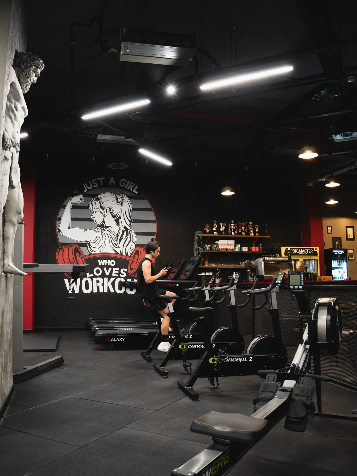 Kardiyo aletleri ve kürek makineleriyle kulübün fitness salonu